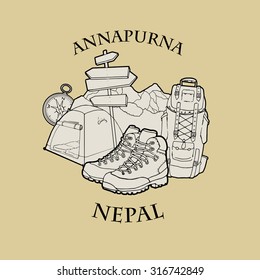 Mountain themed outdoors emblem logo of mount Annapurna, Nepal with various related hand drawn objects, vector illustration