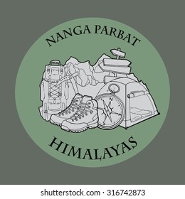 Mountain themed outdoors emblem logo of mount Nanga Parbat, Himalayas with various related hand drawn objects, vector illustration