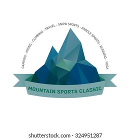 Mountain themed outdoors emblem logo with list of various sports activities