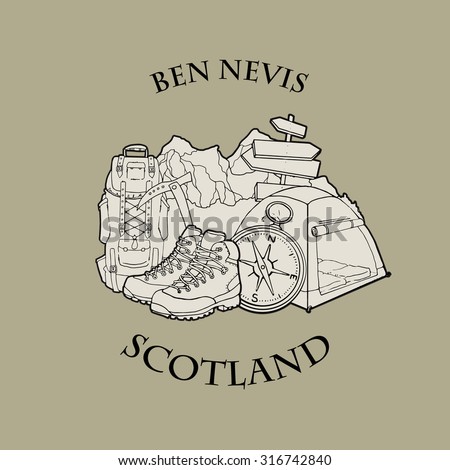 Mountain themed outdoors emblem logo of mount Ben Nevis, Scotland with various related hand drawn objects, vector illustration