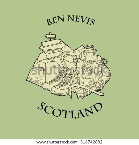 Mountain themed outdoors emblem logo of mount Ben Nevis, Scotland with various related hand drawn objects, vector illustration