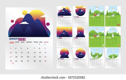 Mountain Themes Calendar 2021 Vector Illustration