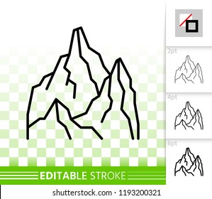 Mountain thin line icon. Outline web nature landscape sign. High hill linear pictogram with different stroke width. Simple vector transparent symbol. Mount ice peak editable stroke icon without fill