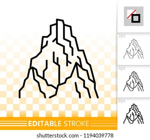 Mountain thin line icon. Outline web nature landscape sign. High hill linear pictogram with different stroke width. Simple vector transparent symbol. Mount ice peak editable stroke icon without fill