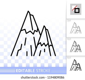 Mountain thin line icon. Outline web nature landscape sign. High hill linear pictogram with different stroke width. Simple vector transparent symbol. Mount ice peak editable stroke icon without fill
