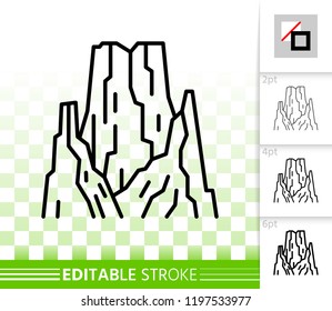 Mountain thin line icon. Outline web nature landscape sign. High hill linear pictogram with different stroke width. Simple vector transparent symbol. Mount ice peak editable stroke icon without fill