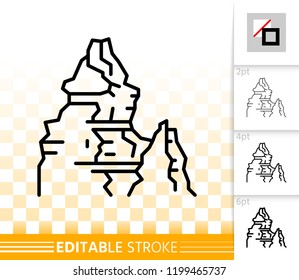 Mountain thin line icon. Outline web nature landscape sign. High hill linear pictogram with different stroke width. Simple vector transparent symbol. Mount ice peak editable stroke icon without fill