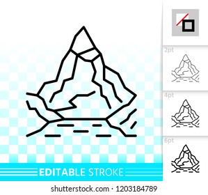 Mountain thin line icon. Outline web nature landscape sign. High hill linear pictogram with different stroke width. Simple vector transparent symbol. Mount ice peak editable stroke icon without fill
