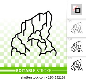 Mountain thin line icon. Outline web nature landscape sign. High hill linear pictogram with different stroke width. Simple vector transparent symbol. Mount ice peak editable stroke icon without fill