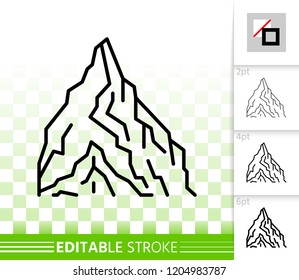 Mountain thin line icon. Outline web nature landscape sign. High hill linear pictogram with different stroke width. Simple vector transparent symbol. Mount ice peak editable stroke icon without fill