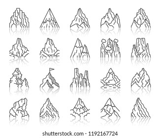 Mountain thin line icon set. Outline sign kit of nature landscape. High peak linear icons of panorama view wilderness explore, extreme tourism. Simple mountain black contour symbol vector Illustration