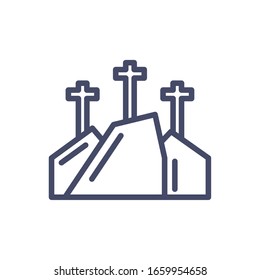 mountain with three crosses over white background, line style icon, vector illustration