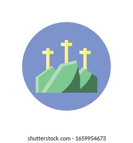 mountain with three crosses over white background, block style icon, vector illustration