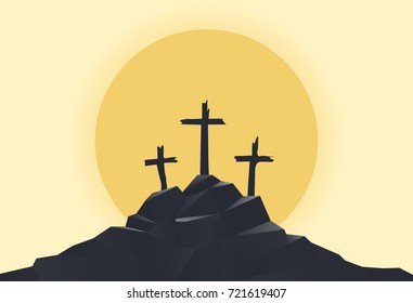 mountain with three crosses at sunset