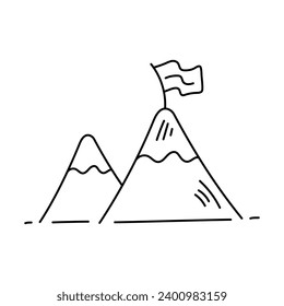 Mountain top flag drawn icon. success symbols doodles cartoon hand drawn, Victory and goals concept vector illustration.