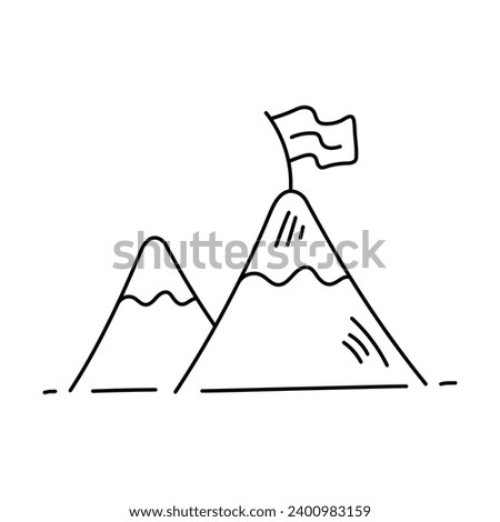 Mountain top flag drawn icon. success symbols doodles cartoon hand drawn, Victory and goals concept vector illustration.