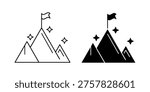 Mountain top flag icon vector. Black Silhouette and Outline Style for Business Goals, Success, and Achievement.
