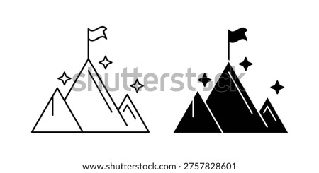 Mountain top flag icon vector. Black Silhouette and Outline Style for Business Goals, Success, and Achievement.