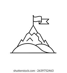 Mountain Top with Flag Vector Outline Icon on White Background – Success and Achievement Concept