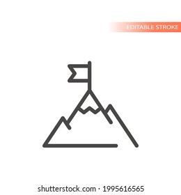 Mountain top or peak with flag line vector icon. Business achievement goal outline, editable stroke.
