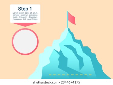 Berggipfel mit Infografik-Design-Element der roten Fahne. Leerer Kreis. Abstrakte Vektorsymbole für Infografiken mit Leerzeichen. Anleitung für Grafikkit. Roboter-Medium, verwendete leichte Schriftarten