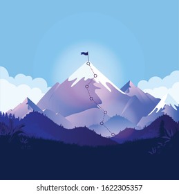 Mountain top with trail and flag. Landscape illustration with a path to a goal. Metaphor for business strategy, reaching goals, ambitions and path to success. Vector illustration.