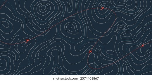 Mountain Topographic Landscape Map with Grid and Lines, Outline Terrain. Banner with geographic land relief. Wavy abstract contour background with cartography texture 