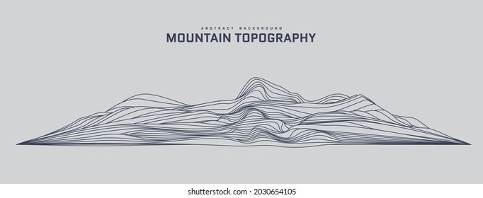 Mountain Topography Abstract Background. 3d Futuristic Wireframe Landscape In Line Art Stile. Silhouette Of Structure Of Rock And Hill. Contour Elevation Map Template. Vector Card Illustration.