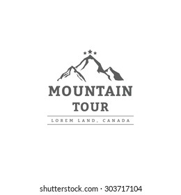Mountain tour logotype template in old vintage retro style. Outdoor label and badge. Vector illustration