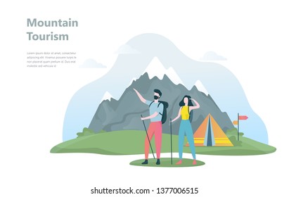 Mountain tourism. Adventure on the nature, outdoor activity. Summer vacation. People hiking or trekking. Isolated vector cartoon illustration