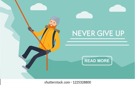 Mountain Tourism Banner.. Climber Climbs The Mountain. Never Give Up. Flat Cartoon Illustration Vector Set. Active Sport Concept Set.