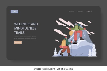 Mountain Tourism concept. Adventure seekers hiking on snow-covered mountain trails, enjoying winter landscape and practicing outdoor mindfulness for wellness and relaxation. Vector illustration.