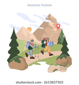 Mountain tourism concept. Adventurers with backpacks and hiking gear explore scenic mountain trails using a map surrounded by trees, rocks, and distant peaks under a clear sky. Vector illustration.