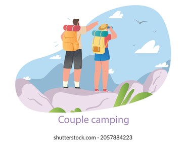 Mountain tourism concept. Couple climbed hill and admired beautiful landscape. Vacation in nature. Man and woman on hike. Cartoon modern flat vector illustration isolated on white background