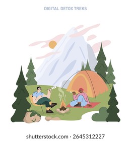 Mountain Tourism concept. Friends camping in nature enjoy a digital detox by a campfire with a tent and pine trees at sunrise, surrounded by mountain scenery and relaxing outdoors. Vector illustration
