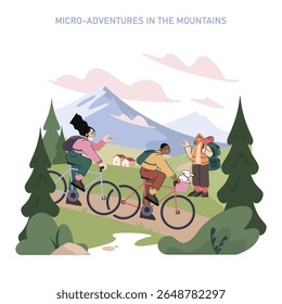 Mountain tourism concept. People cycling and hiking with backpacks and a dog on scenic trails surrounded by pine trees, hills, and snowy peaks enjoying outdoor mountain adventures. Vector illustration