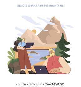 Concepto de turismo de montaña. Trabajo remoto con dispositivos digitales en un paisaje de montaña escénico. Combinando tareas profesionales y viajes de aventura cerca del agua, árboles y picos escarpados. Ilustración vectorial.