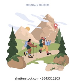 Mountain tourism concept. Two hikers with backpacks and trekking poles explore a mountain trail under the sun, surrounded by pine trees and rocks, following a path toward an adventure destination