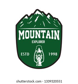 Mountain tourism emblem. Design element for logo, label, sign, poster. Vector illustration