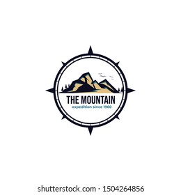 Mountain Tourism, Hiking. Forest Camp Labels In Vintage Style With Circle Compas. Outdoor Mountain Logo Badge For Adventure, Explorer, Camping And Hiking Logo Patches.