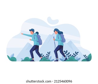 Mountain tourism, Hiking, traveling on nature concept. Young happy couple cartoon characters tourists backpackers hikers hiking on nature with sticks together vector illustration