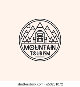 Mountain tourism logo consisting of mountains and backpack line style isolated on background for camping logotype, travel badge, explore emblem, hiking sticker, climbing symbol, expedition label