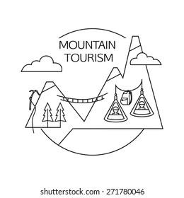 Mountain tourism outline background. Minimalistic linear travel vacation landscape. Vector illustration