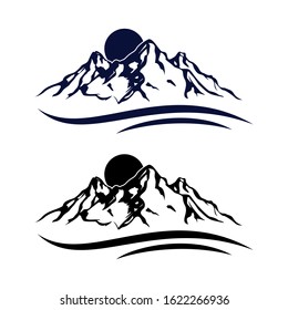 Mountain Tourism And Rock Climbing Icon Set. Mountain Top Black Silhouette With Snowy Peak, Mountain Logo, Hills Logo, Symbol, Mountain Icon, Logo Business,