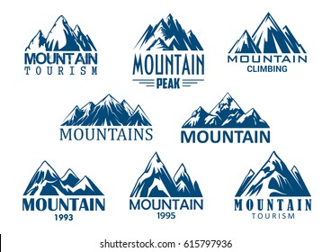 Mountain tourism and rock climbing icon set. Mountain top blue silhouette with snowy peak, steep rocky hill and mountain crest nature landscape for outdoor adventure, extreme sport and travel design