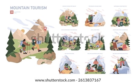 Mountain Tourism set. Hiking, nature exploration, outdoor activities and eco-friendly travel. Family trips, mountain biking and solo journeys. Digital detox, remote work, wellness retreats. Vector