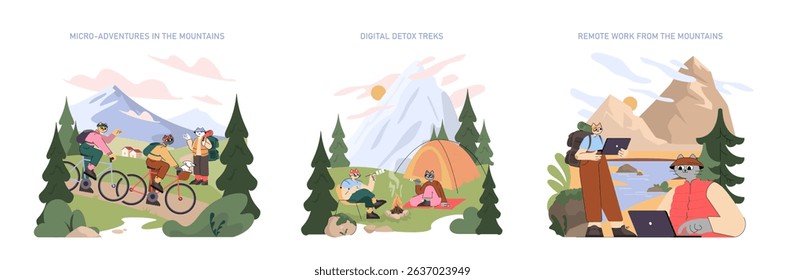 Mountain Tourism set. Outdoor enthusiasts explore mountain trails by bike, relax on digital detox trekking adventures, and enjoy remote work settings by serene lakes with scenic mountain backgrounds