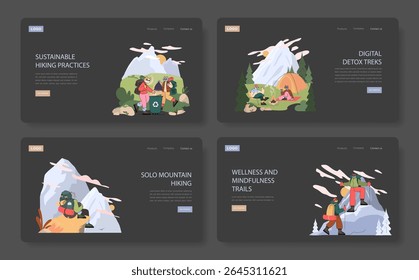 Mountain tourism set. People enjoy hiking, eco-friendly adventures, camping, solo backpacking and digital detox in scenic mountain landscapes. Focus on wellness, sustainability and exploring nature