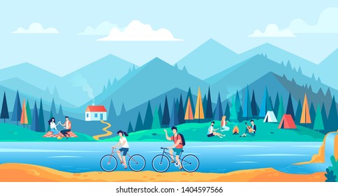 Mountain tourism in the summer camp at blue lake vector illustration