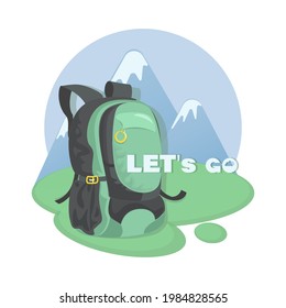 Mountain tourism. Vector travel backpack. Icon, ermblem. Invitation will go to the mountains.